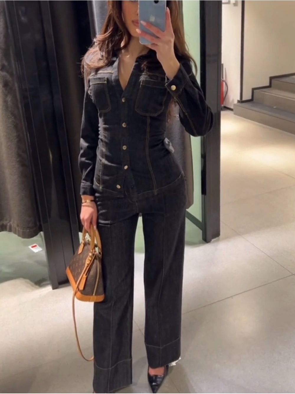 Zara dark Wide-Leg Denim set with Contrast Stitching